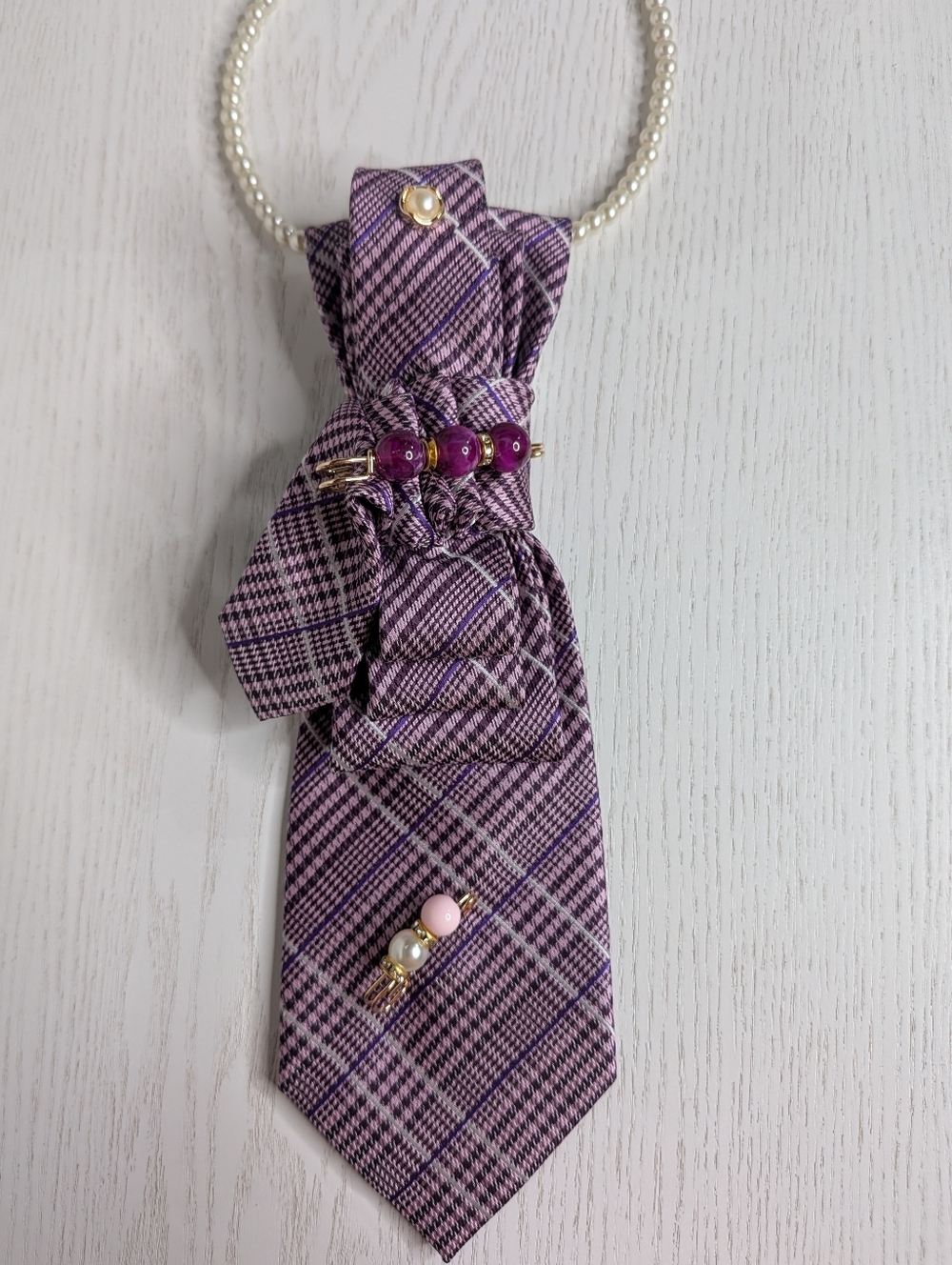 Elegant Purple Plaid Pendant Necklace with Bead Accents
Handmade